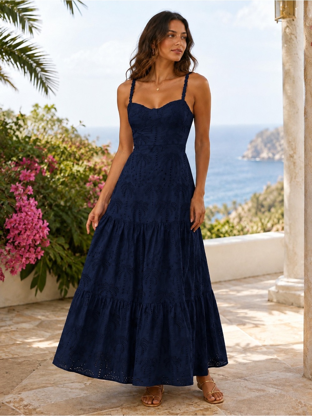 Commense Navy Eyelet Tiered Maxi Dress